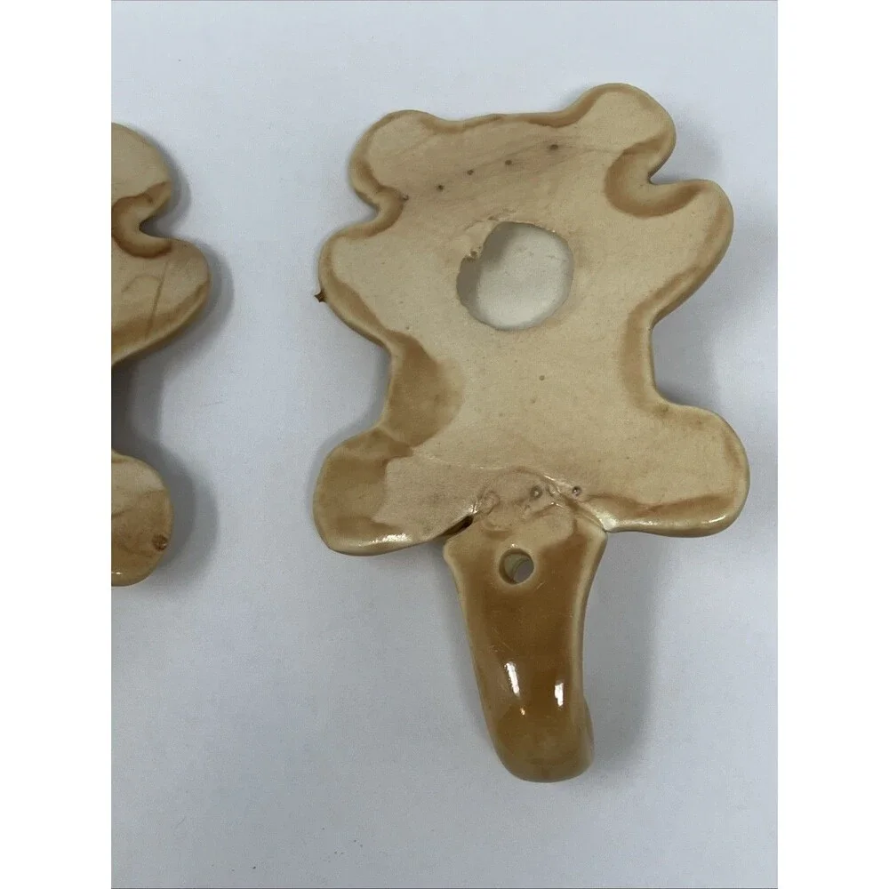 2 VTG Ceramic Teddy Bear Pink Bow Wall Hook Hangers Set Baby Girl Nursery Beige